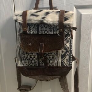 Myra Bag Black White Brown Patterned Canvas & Leather Backpack